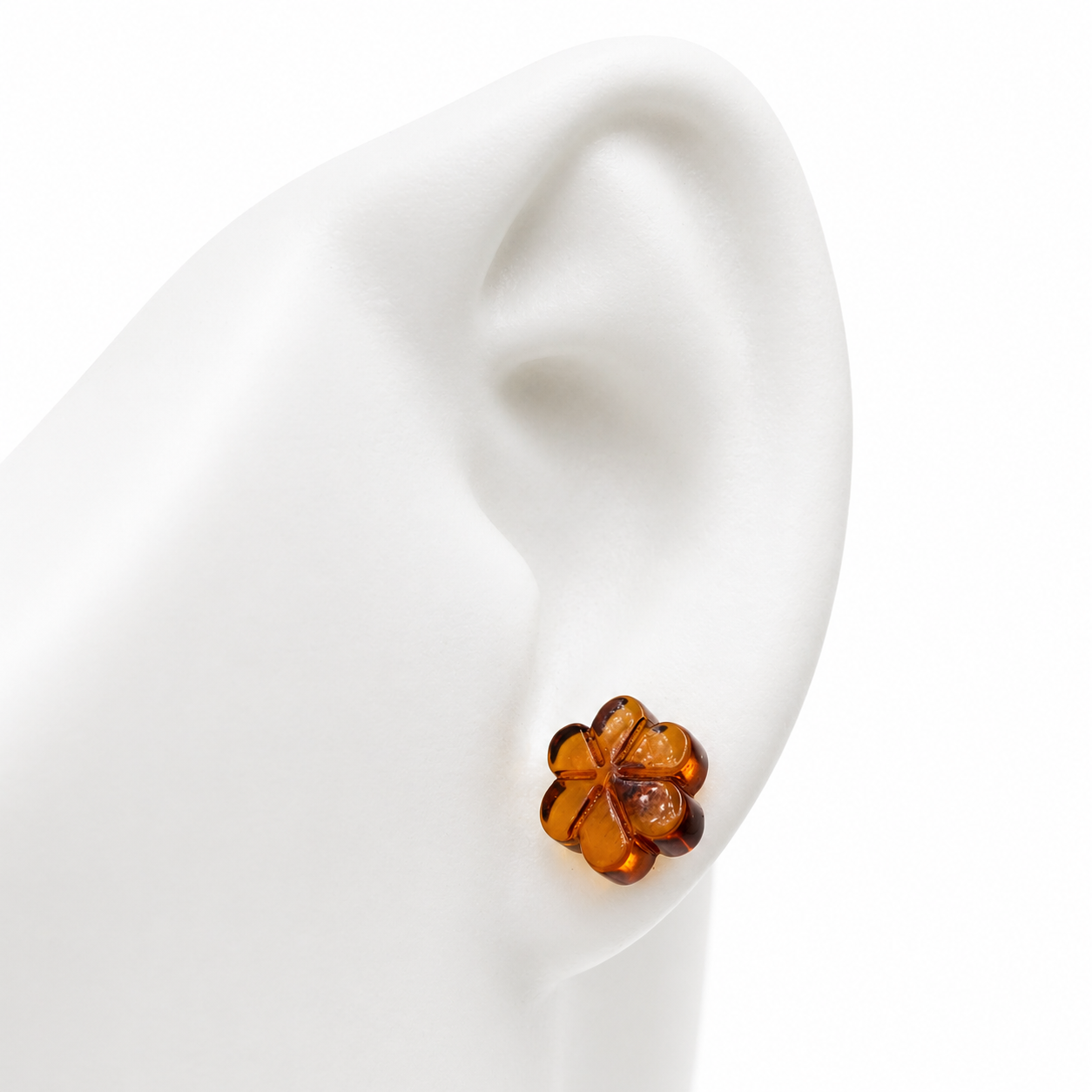 Baltic Amber Flower Stud Earrings, Sterling Silver Honey Cognac Amber, Carved Floral Earrings