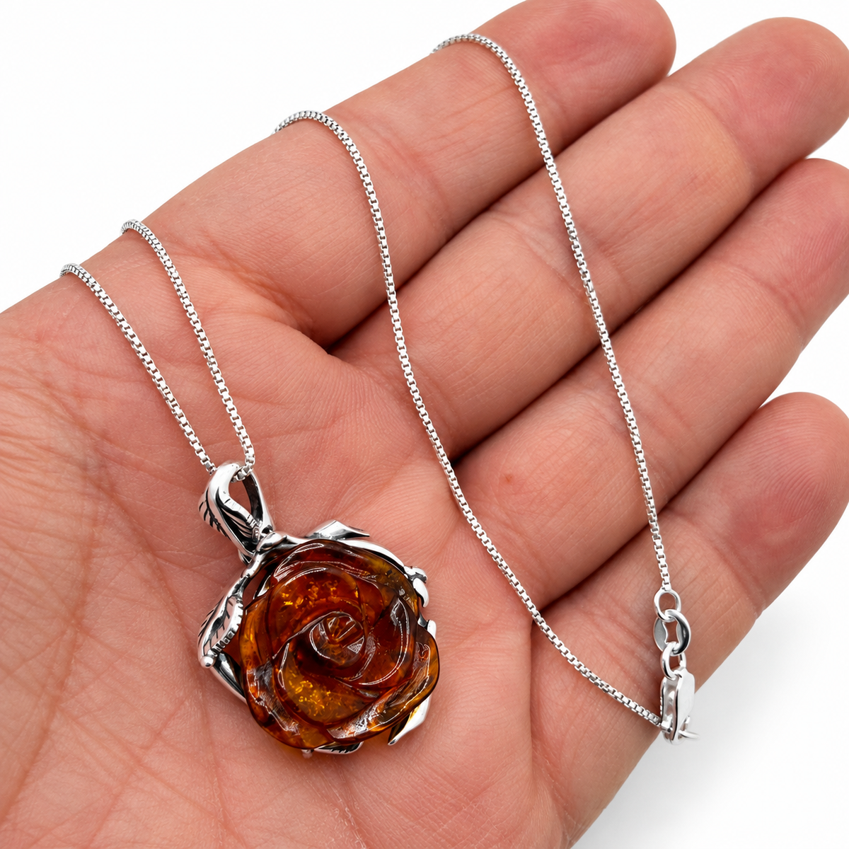 Baltic Amber Rose Necklace, Hand Carved Cognac Amber Flower