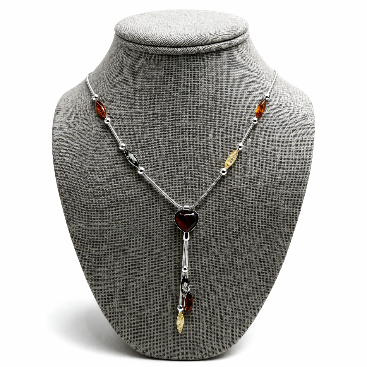Multicolor Baltic Amber Lariat Necklace – Sterling Silver with Cognac Heart & Hanging Amber Drops