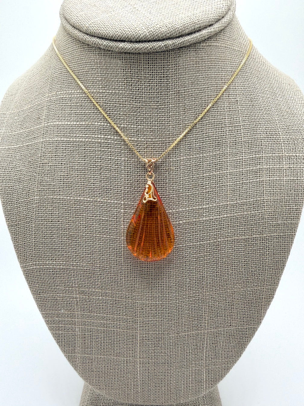 14K Gold & Genuine Honey Baltic Amber Hand-Carved Seashell Teardrop Pendant