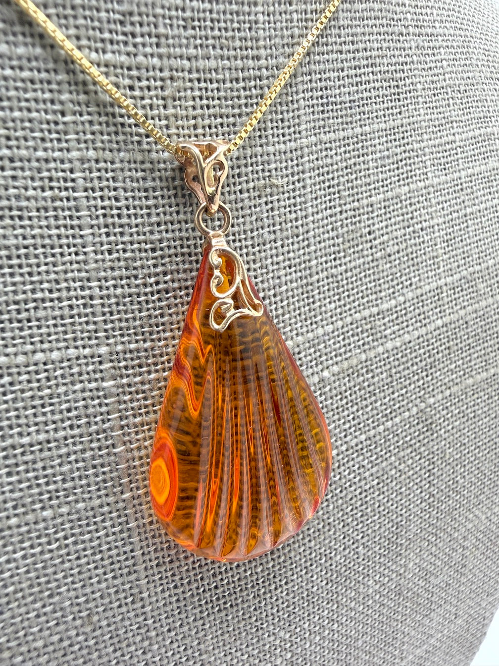 14K Gold & Genuine Honey Baltic Amber Hand-Carved Seashell Teardrop Pendant