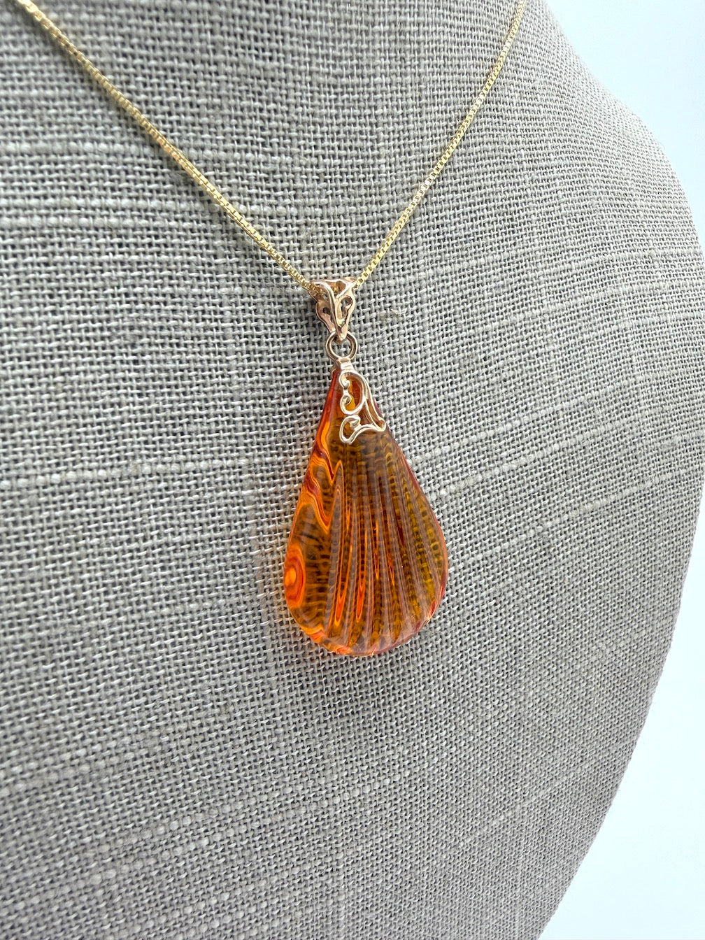 14K Gold & Genuine Honey Baltic Amber Hand-Carved Seashell Teardrop Pendant
