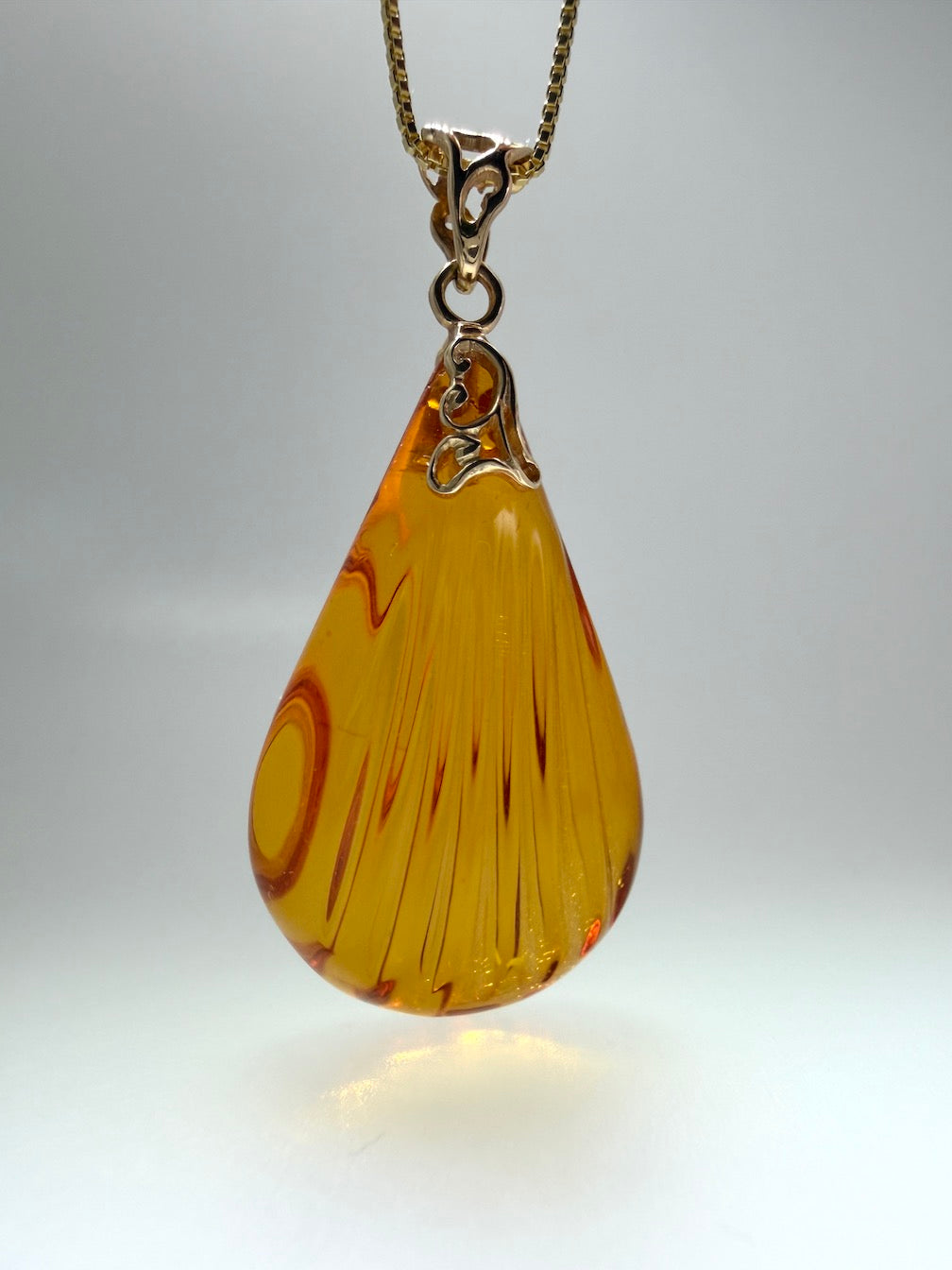 14K Gold & Genuine Honey Baltic Amber Hand-Carved Seashell Teardrop Pendant