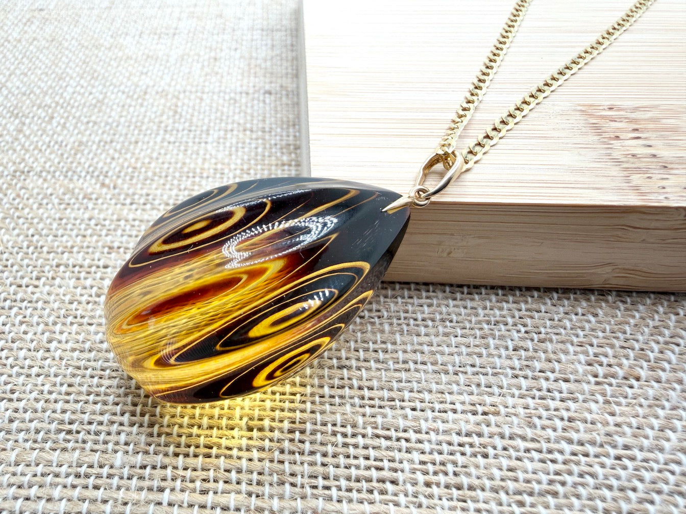 14 Karat Gold and Genuine Etched Baltic Amber Pendant – Optional 14K Gold Curb Chain