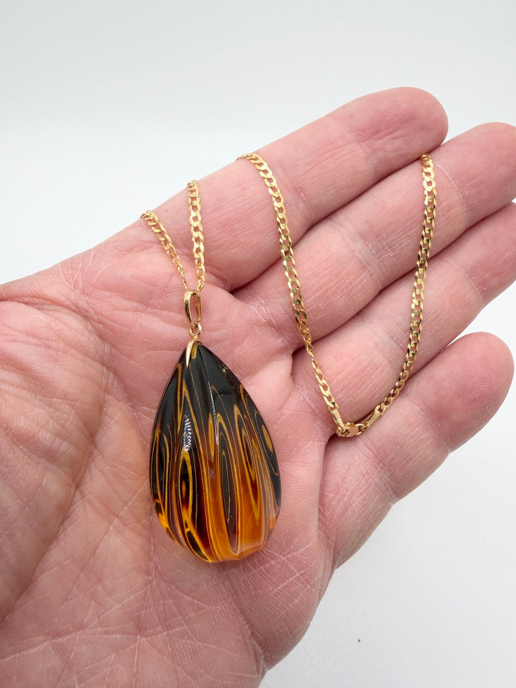 14 Karat Gold and Genuine Etched Baltic Amber Pendant – Optional 14K Gold Curb Chain