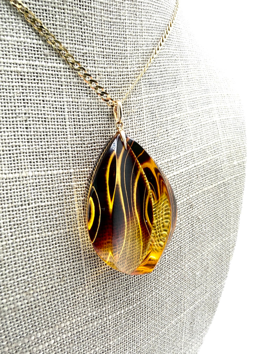 14 Karat Gold and Genuine Etched Baltic Amber Pendant – Optional 14K Gold Curb Chain
