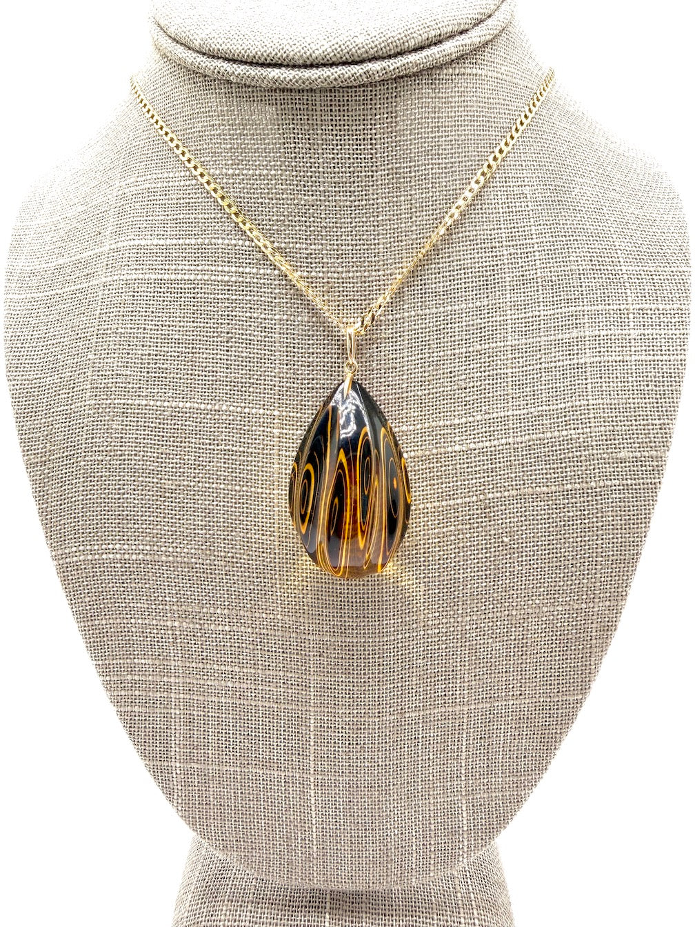 14 Karat Gold and Genuine Etched Baltic Amber Pendant – Optional 14K Gold Curb Chain