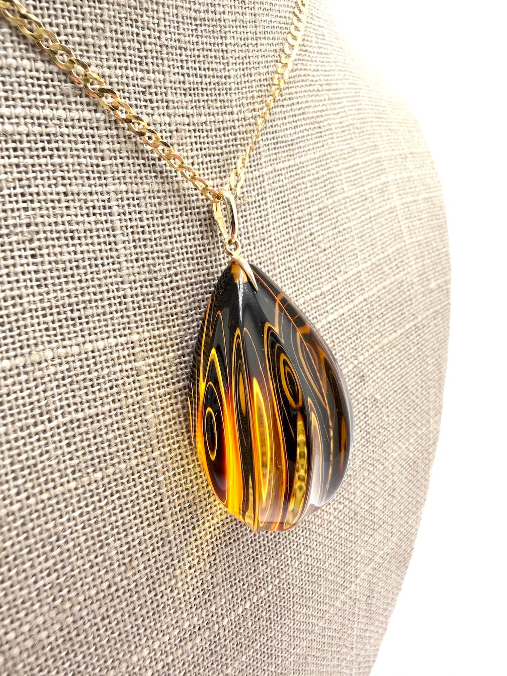 14 Karat Gold and Genuine Etched Baltic Amber Pendant – Optional 14K Gold Curb Chain