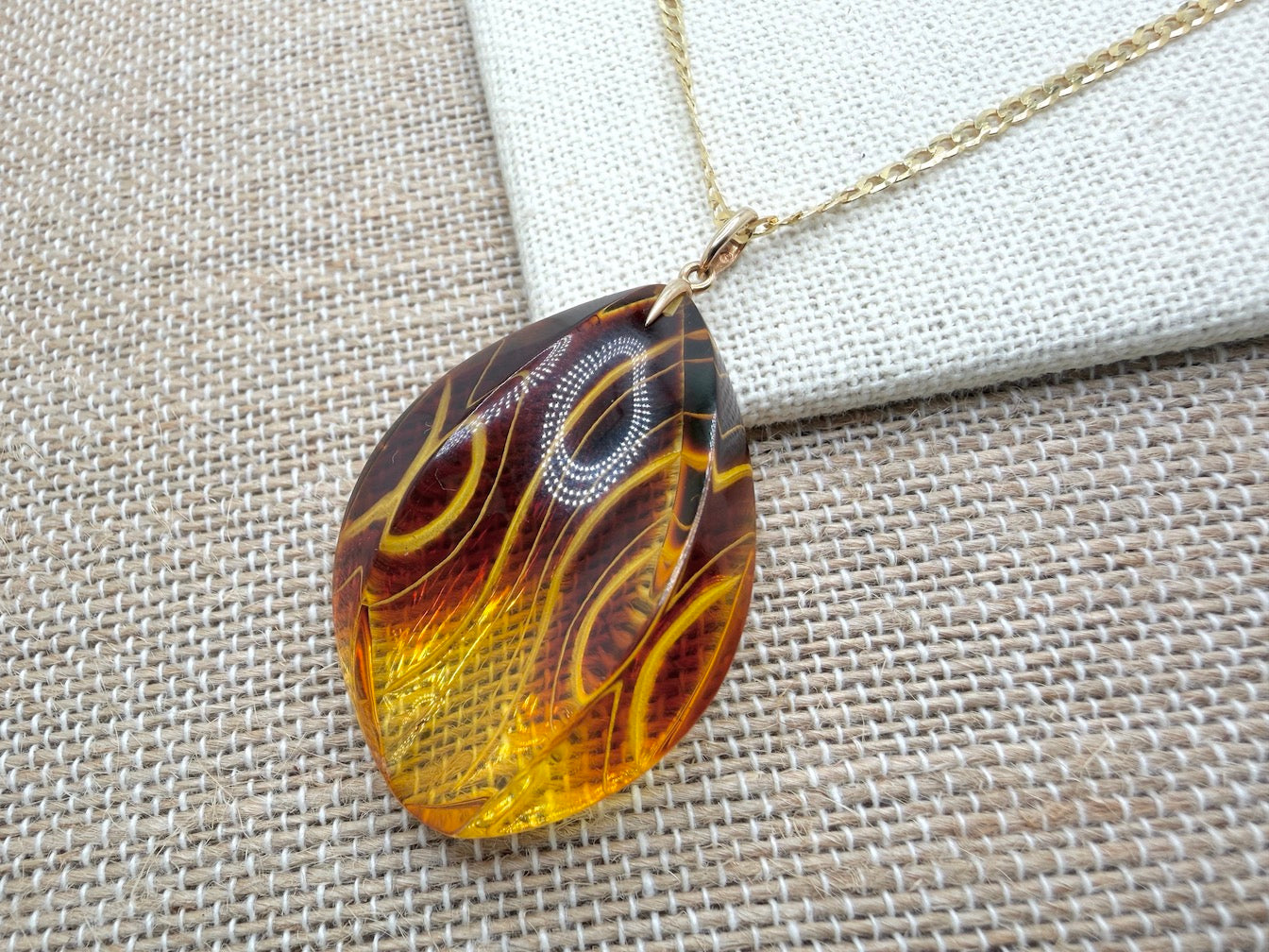 14 Karat Gold and Genuine Etched Baltic Amber Pendant – Optional 14K Gold Curb Chain
