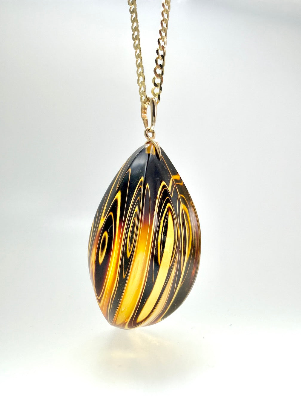 14 Karat Gold and Genuine Etched Baltic Amber Pendant – Optional 14K Gold Curb Chain