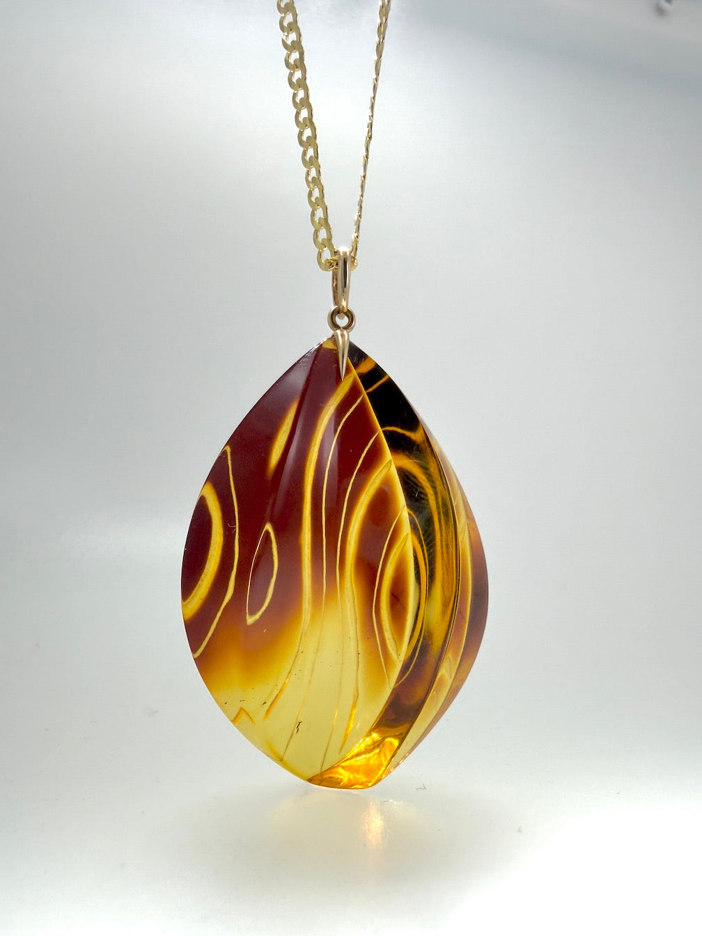 14 Karat Gold and Genuine Etched Baltic Amber Pendant – Optional 14K Gold Curb Chain