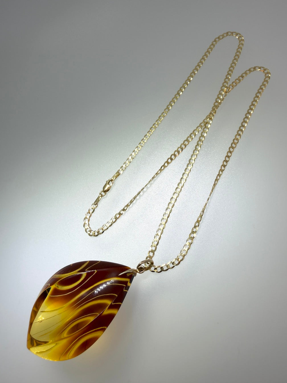 14 Karat Gold and Genuine Etched Baltic Amber Pendant – Optional 14K Gold Curb Chain