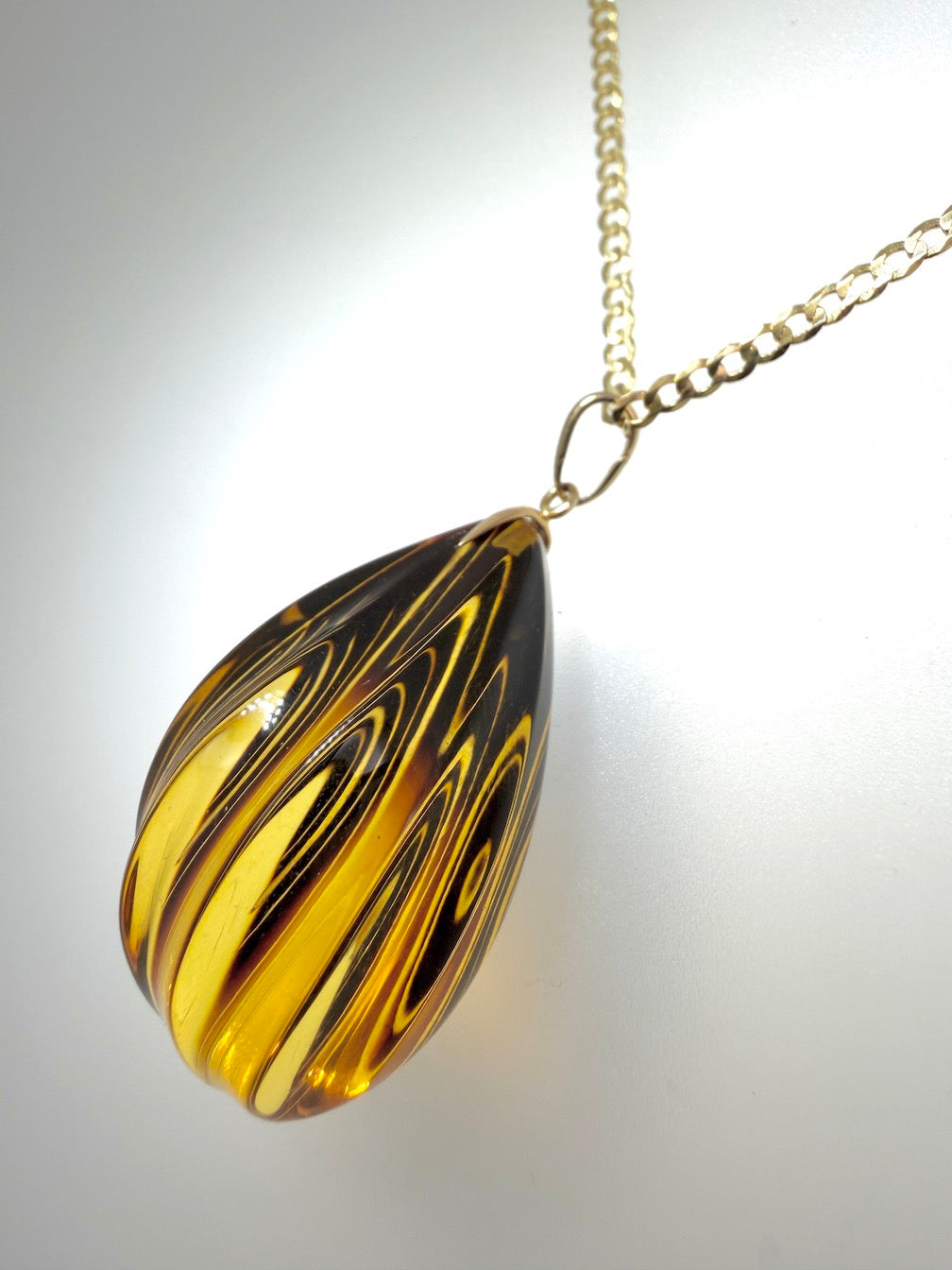 14 Karat Gold and Genuine Etched Baltic Amber Pendant – Optional 14K Gold Curb Chain