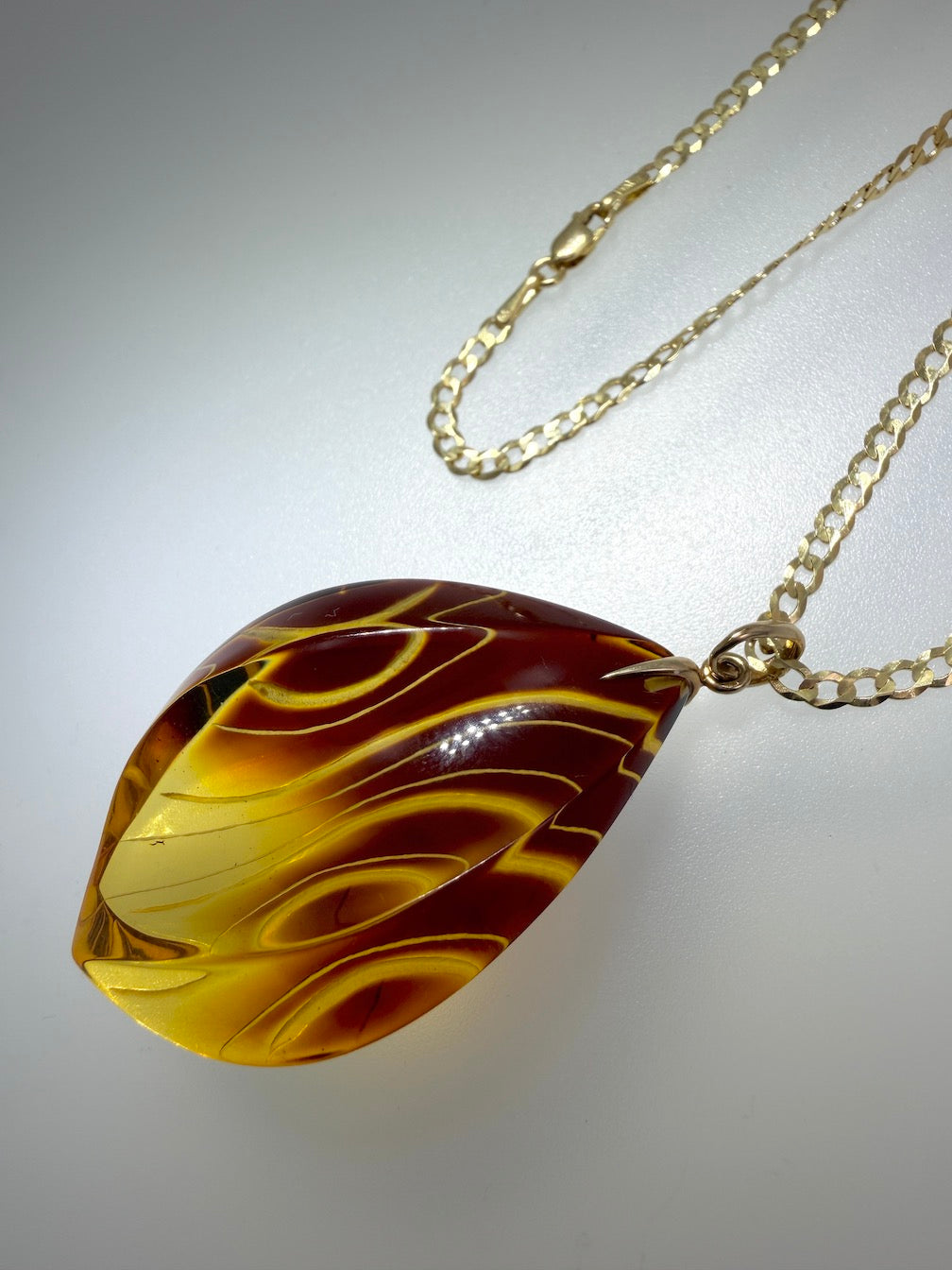 14 Karat Gold and Genuine Etched Baltic Amber Pendant – Optional 14K Gold Curb Chain