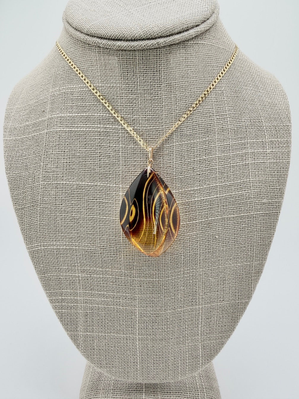 14 Karat Gold and Genuine Etched Baltic Amber Pendant – Optional 14K Gold Curb Chain