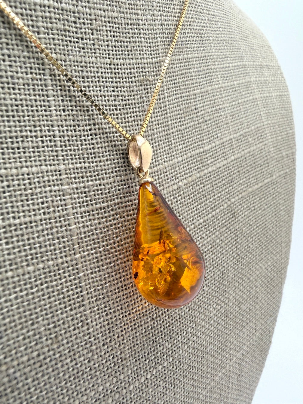 14k Gold Genuine Baltic Amber Honey Cognac Teardrop Pendant and Gold Chain Necklace