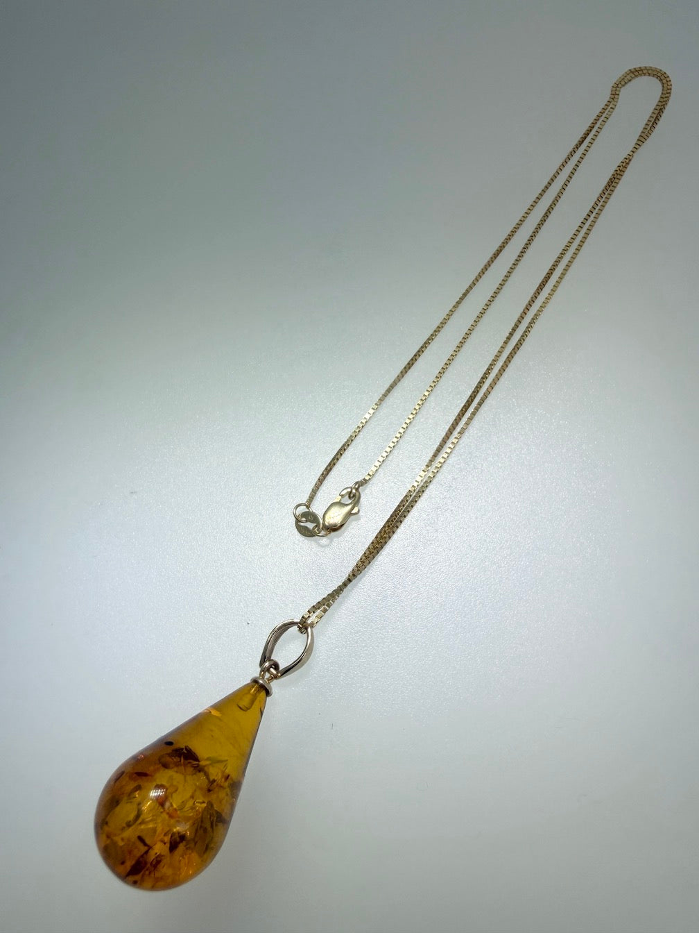 14k Gold Genuine Baltic Amber Honey Cognac Teardrop Pendant and Gold Chain Necklace