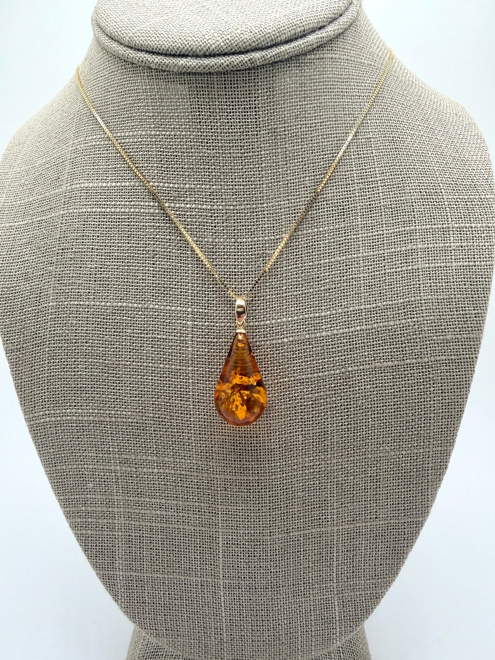 14k Gold Genuine Baltic Amber Honey Cognac Teardrop Pendant and Gold Chain Necklace