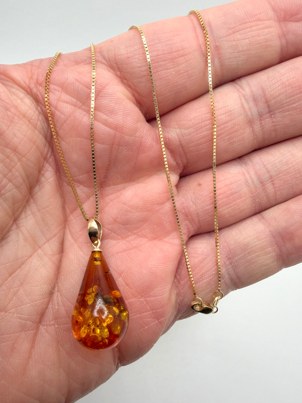 14k Gold Genuine Baltic Amber Honey Cognac Teardrop Pendant and Gold Chain Necklace