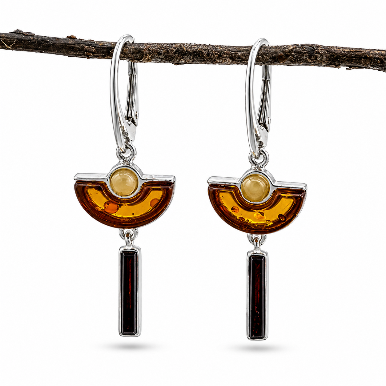 Baltic Amber Art Deco Drop Earrings, Sterling Silver Honey & Cherry Amber Dangle, Handmade in Poland, Modern Geometric Earrings