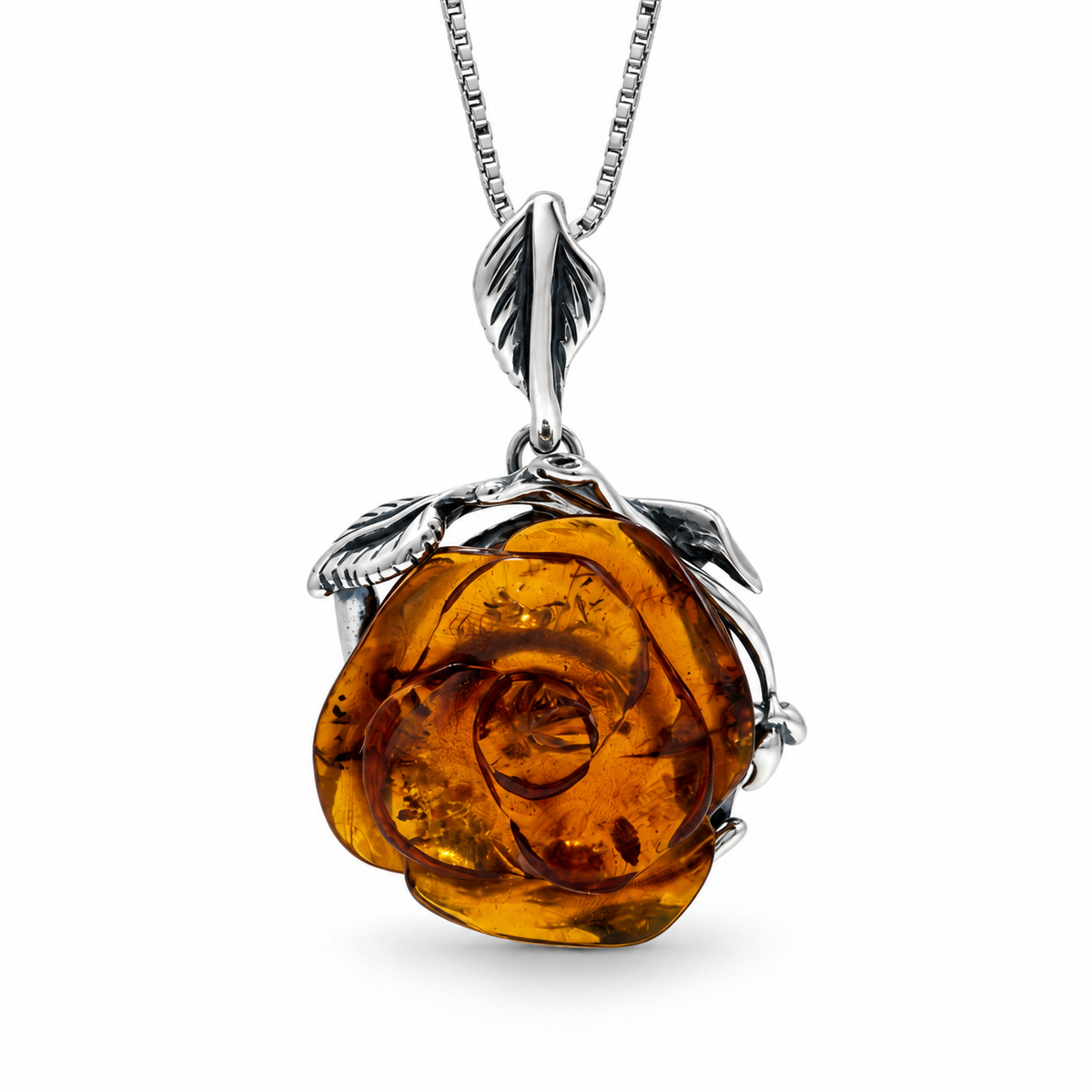 Baltic Amber Rose Necklace, Hand Carved Cognac Amber Flower