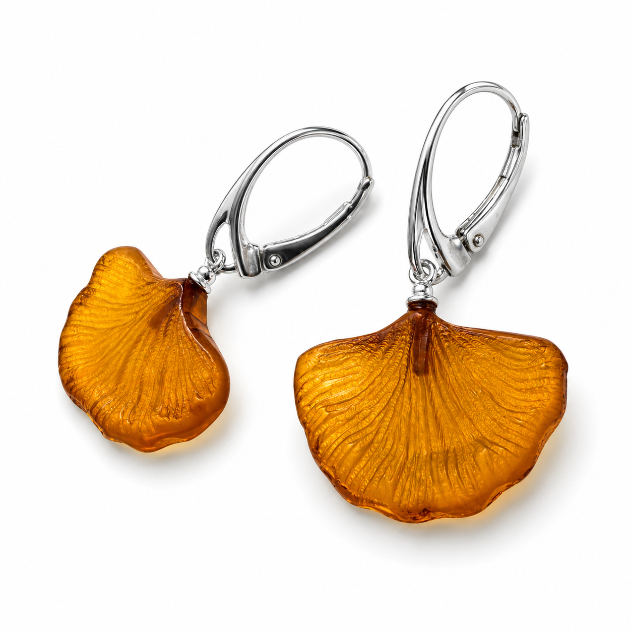 Genuine Baltic Amber Ginkgo Biloba Earrings – Hand Carved Honey Amber – Sterling Silver Lever Back – Nature Inspired Drop Earrings