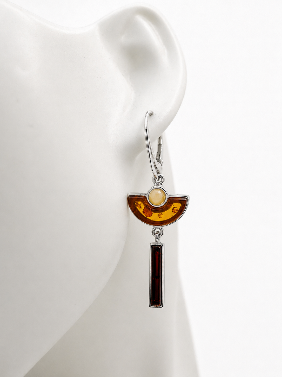 Baltic Amber Art Deco Drop Earrings, Sterling Silver Honey & Cherry Amber Dangle, Handmade in Poland, Modern Geometric Earrings