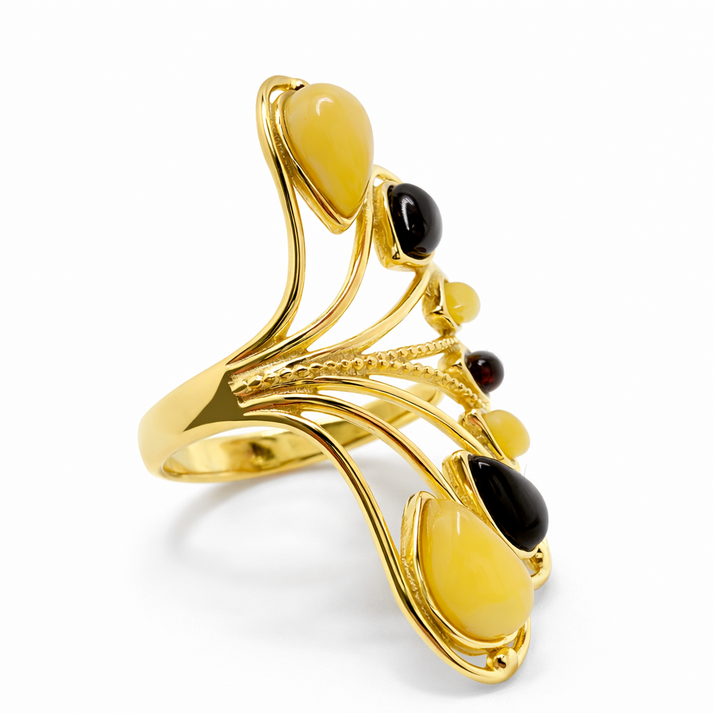 Gold-Plated Sterling Silver Cherry & Butterscotch Baltic Amber Fan Cocktail Ring - Adjustable Open Shank
