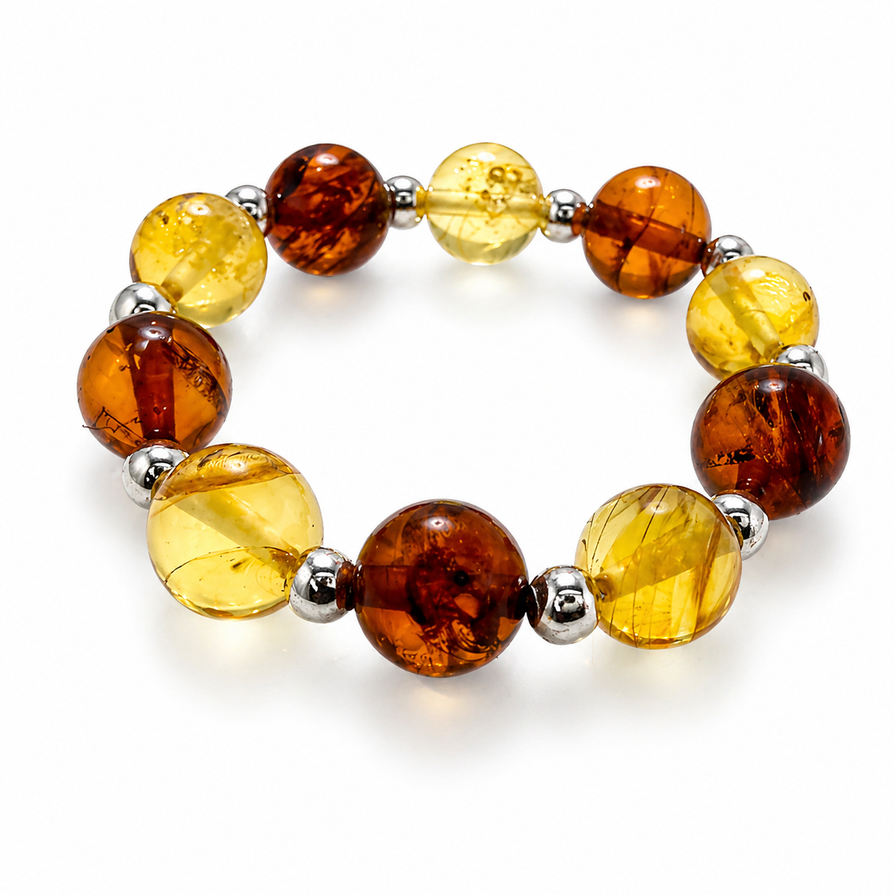 Genuine Baltic Amber Ball Stretch Ring – Multicolor Lemon & Honey or Matte Lemon – 5 mm Amber Beads – Adjustable Fit