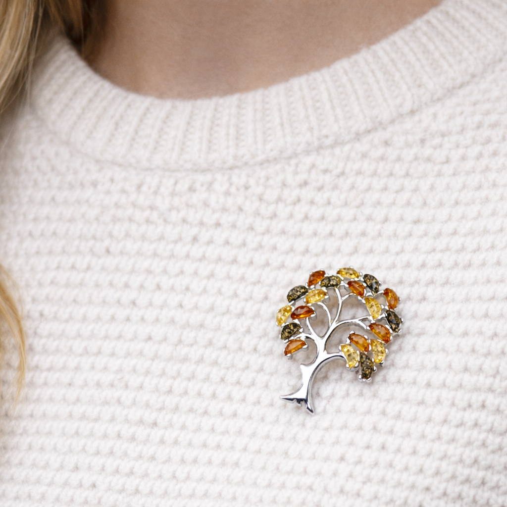 Sterling Silver Multicolor Baltic Amber Tree of Life Pendant on Silver Chain