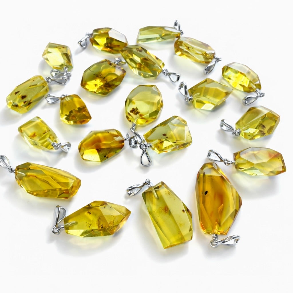 Radiant lemon glow – Faceted lemon Baltic amber pendant on choice of silver chain