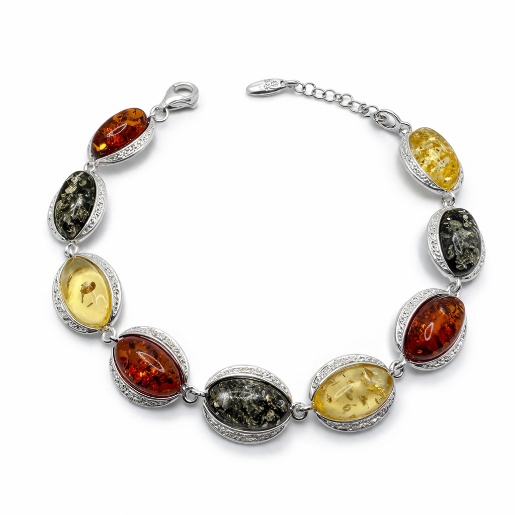 Baltic Amber Sterling Silver Link Bracelet – Cognac, Green, and Lemon Gemstone Jewelry