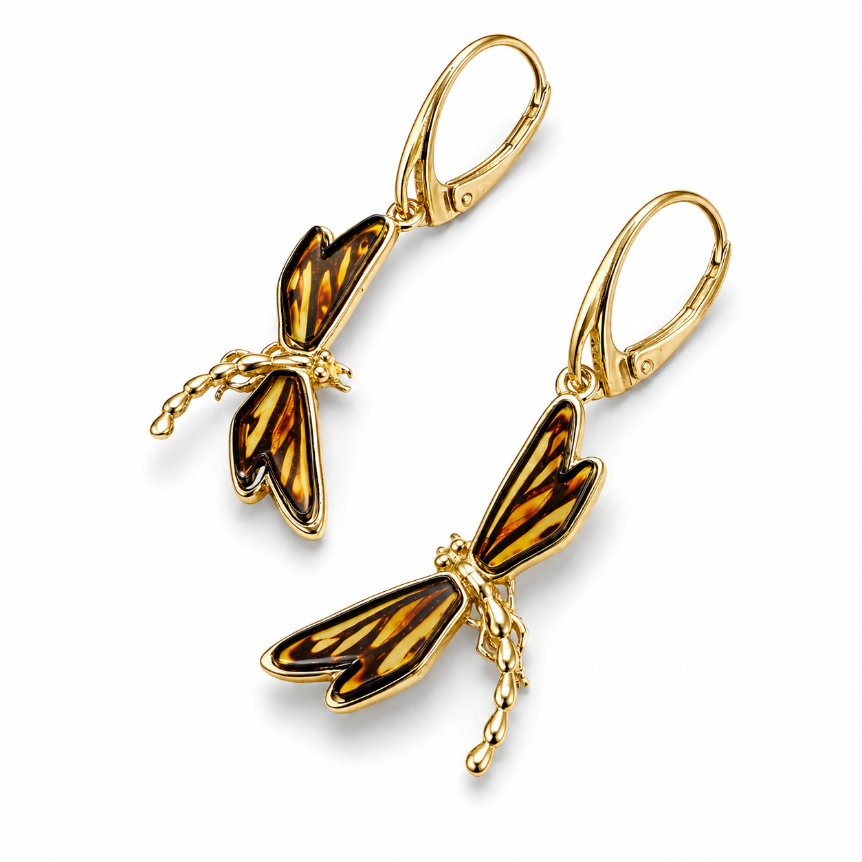 Baltic Amber Dragonfly Earrings, Gold Plated Sterling Silver Lever Back, Hand Etched Amber Wings, Handmade in Poland Drop Earrings