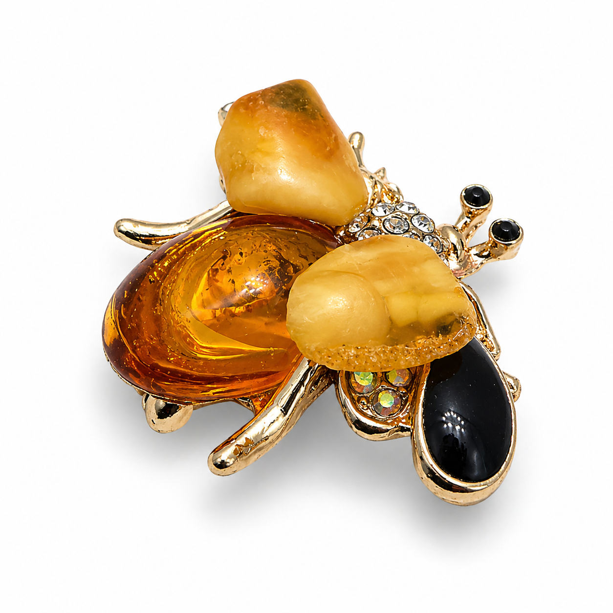 Genuine Baltic Amber Bumblebee Brooch – Butterscotch & Honey Amber – Black Onyx Wings – CZ Accents – Nature Inspired Jewelry