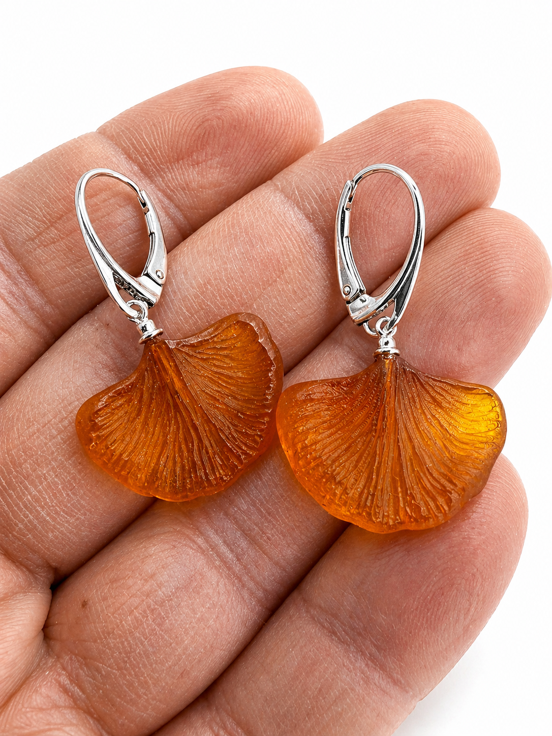 Genuine Baltic Amber Ginkgo Biloba Earrings – Hand Carved Honey Amber – Sterling Silver Lever Back – Nature Inspired Drop Earrings