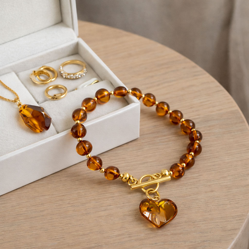 Handmade Honey Baltic Amber Bead Bracelet with Heart Charm – Genuine Baltic Amber & Gold Plated Sterling Silver Toggle