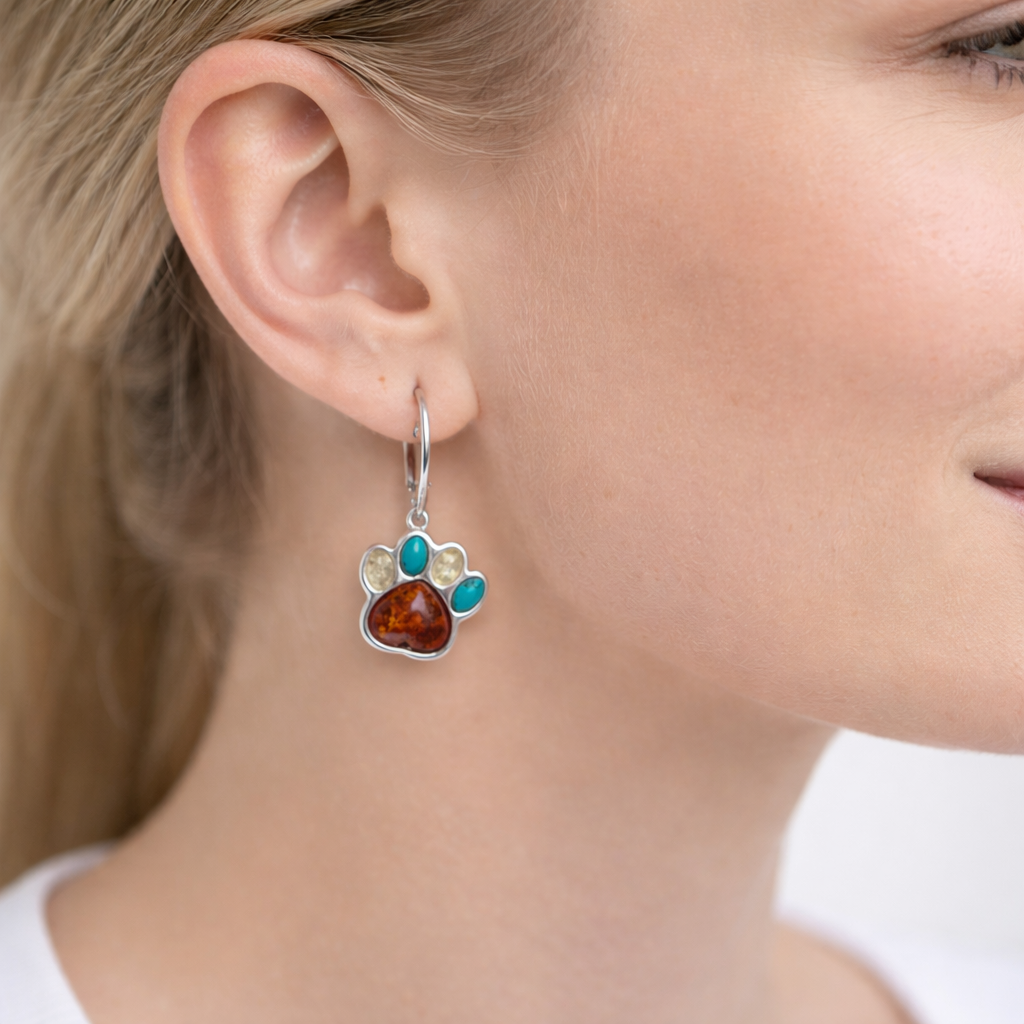 Sterling silver and Baltic amber with turquoise dog paw leverback earrings