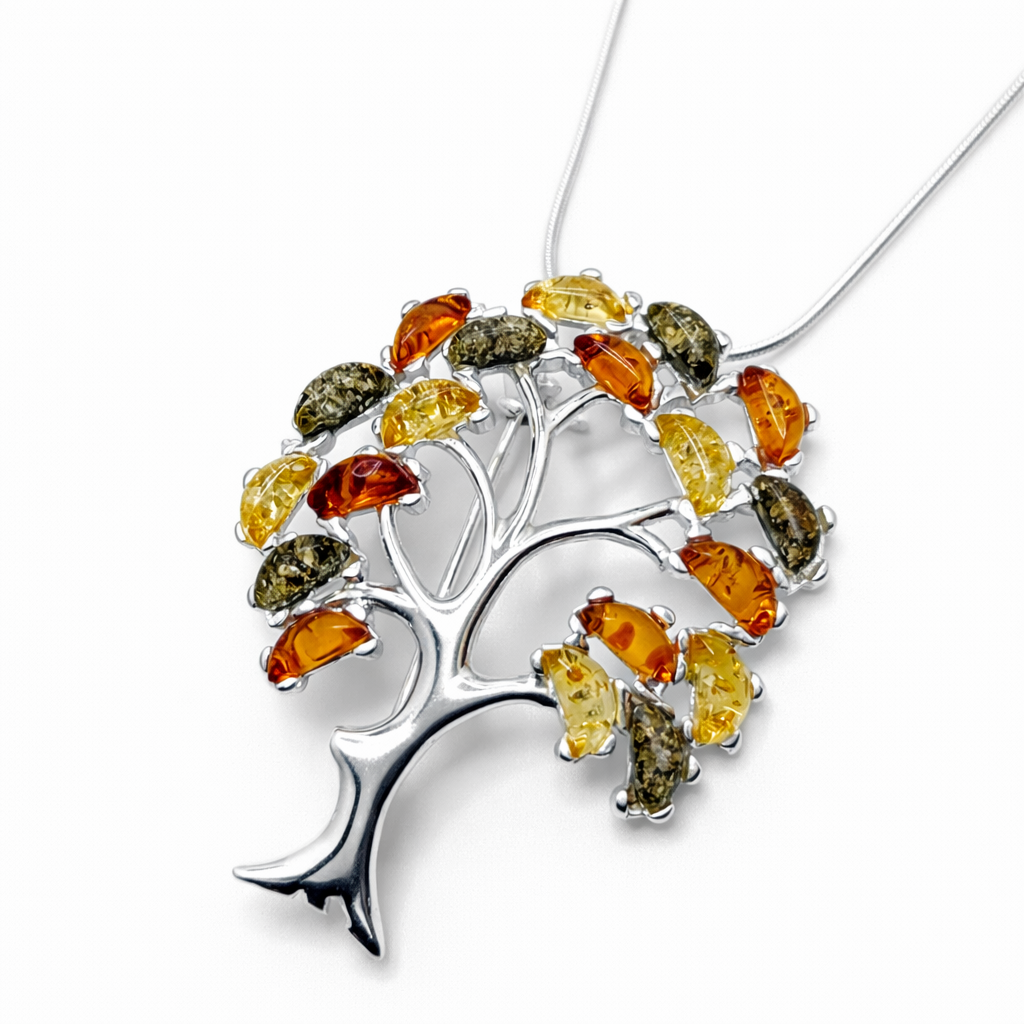 Sterling Silver Multicolor Baltic Amber Tree of Life Pendant on Silver Chain