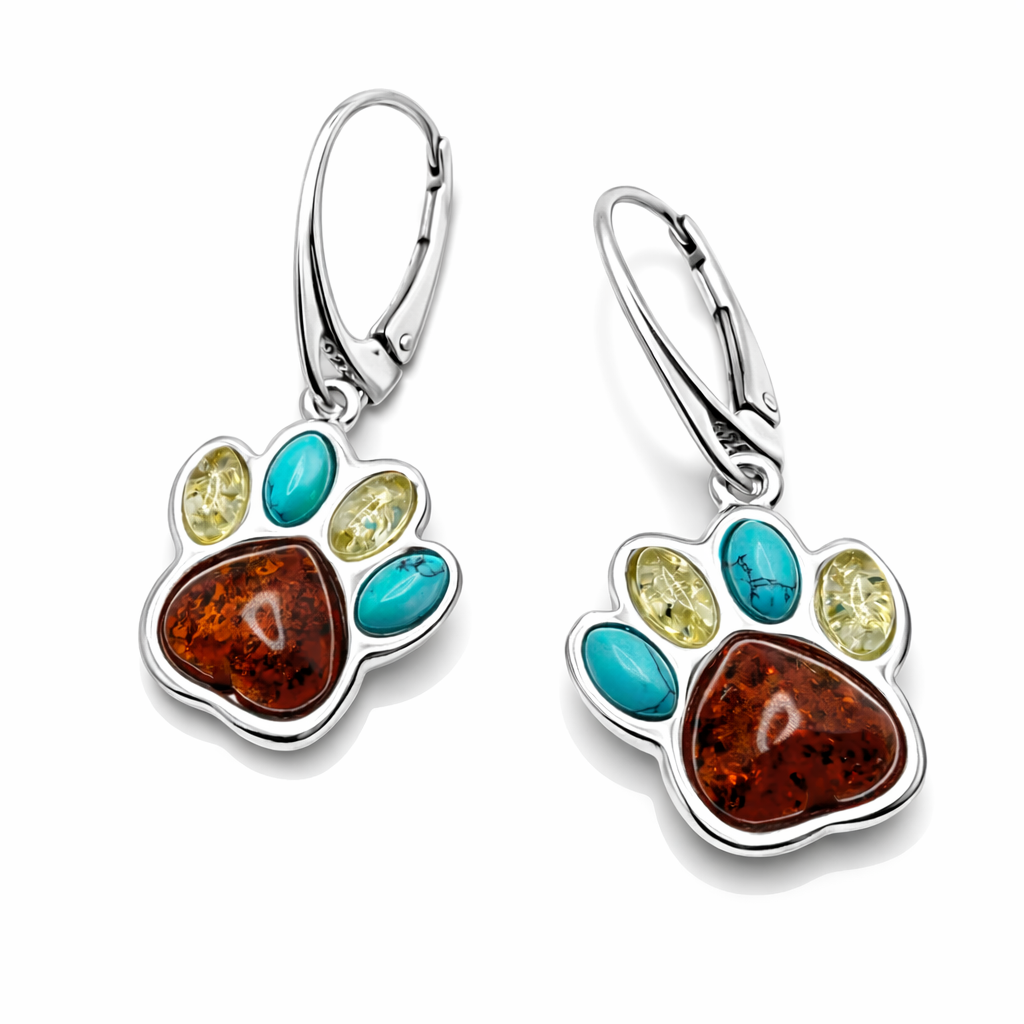 Sterling silver and Baltic amber with turquoise dog paw leverback earrings