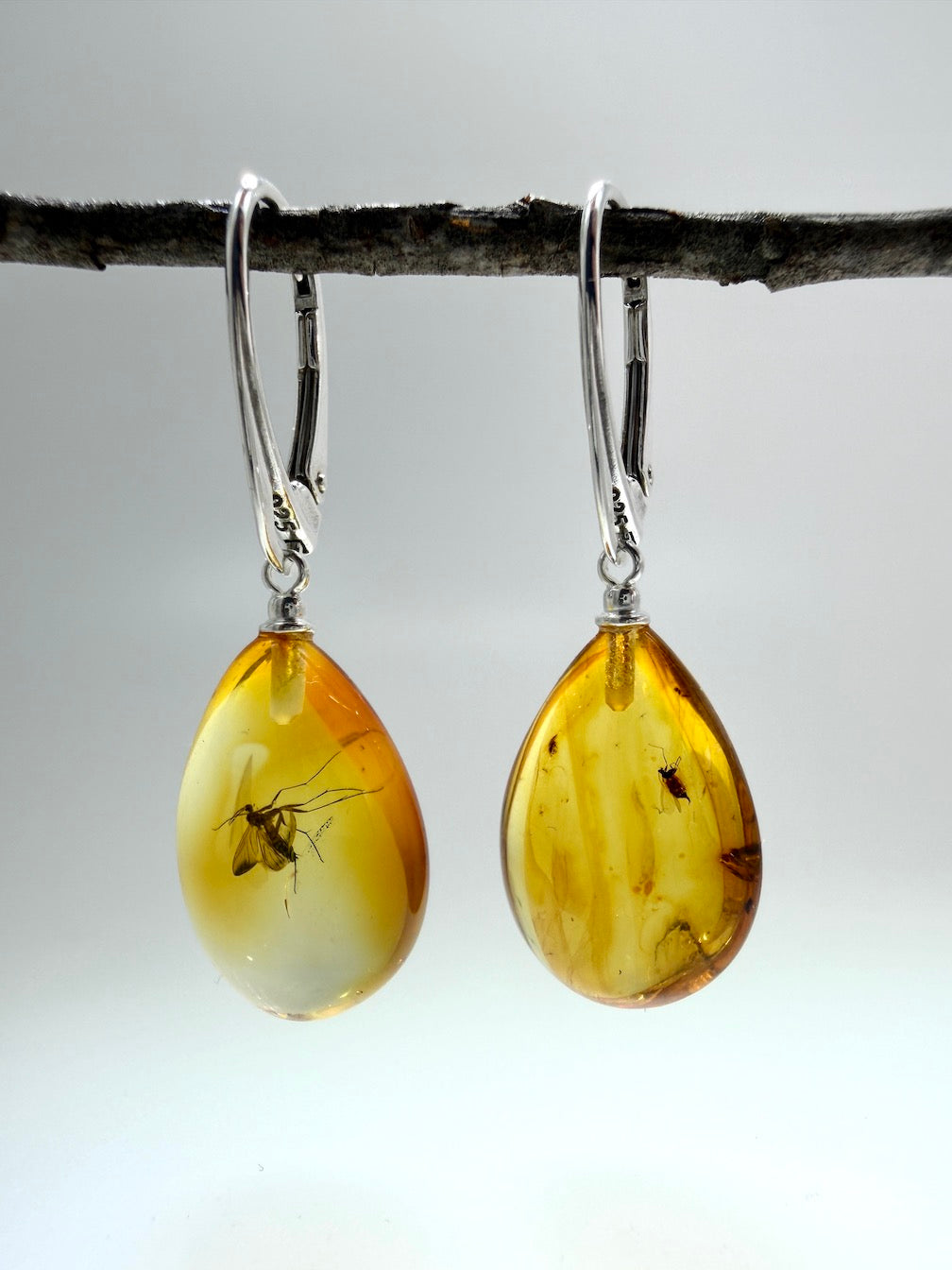 Handmade in Lithuania Genuine Baltic Amber Teardrop Earrings – Rare Insect Inclusions – Sterling Silver Lever Back Drops