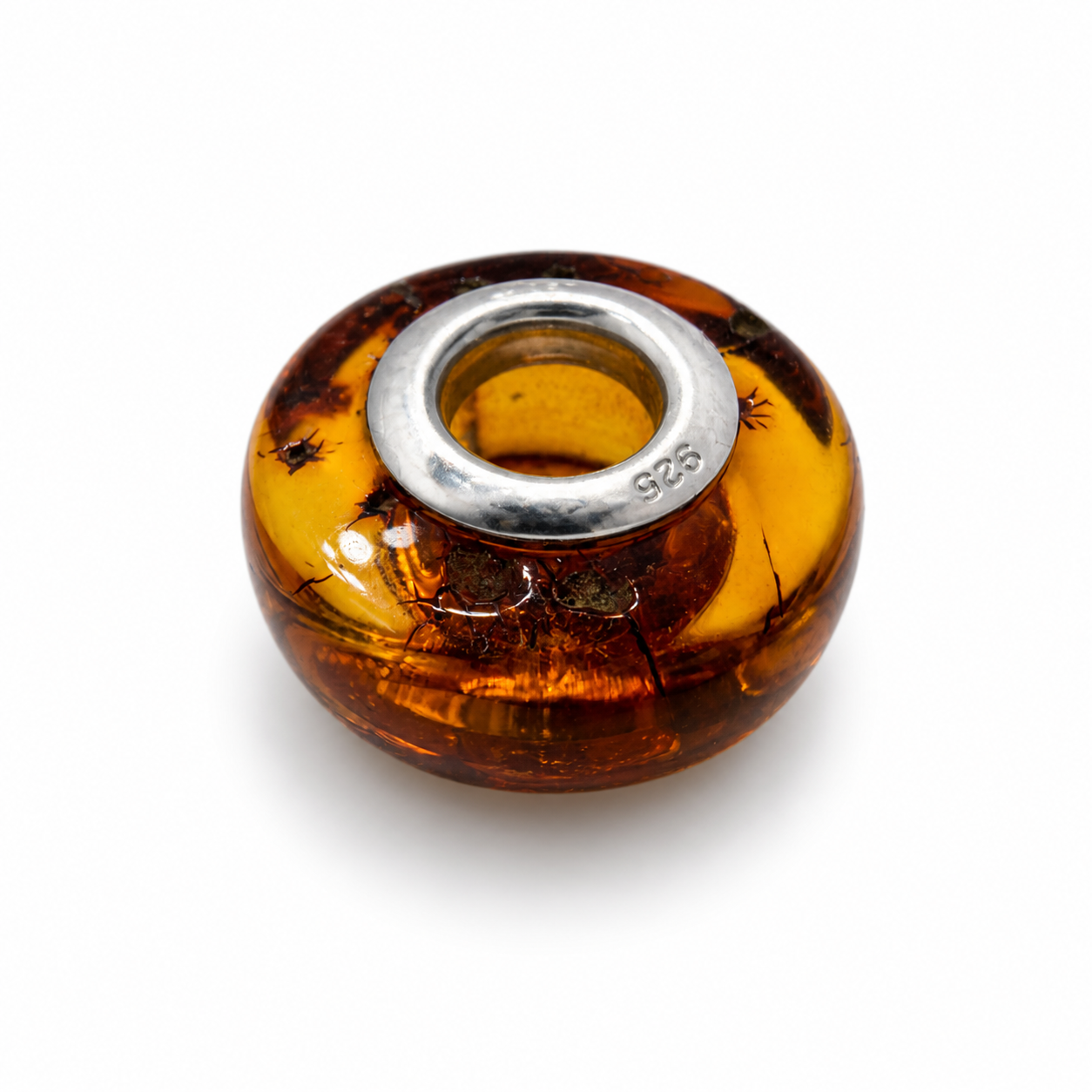 Amber Donut Bracelet Bead – Sterling Silver Core – Genuine Baltic Amber – Made in Poland