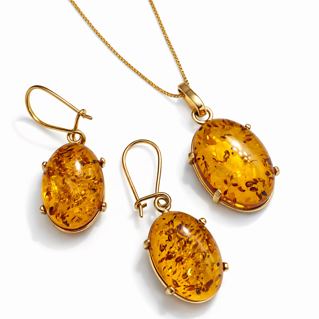 Genuine Baltic Amber & 14K Gold Pendant Set with Matching Drop Earrings | Handmade in Poland | Cognac Amber Jewelry Set