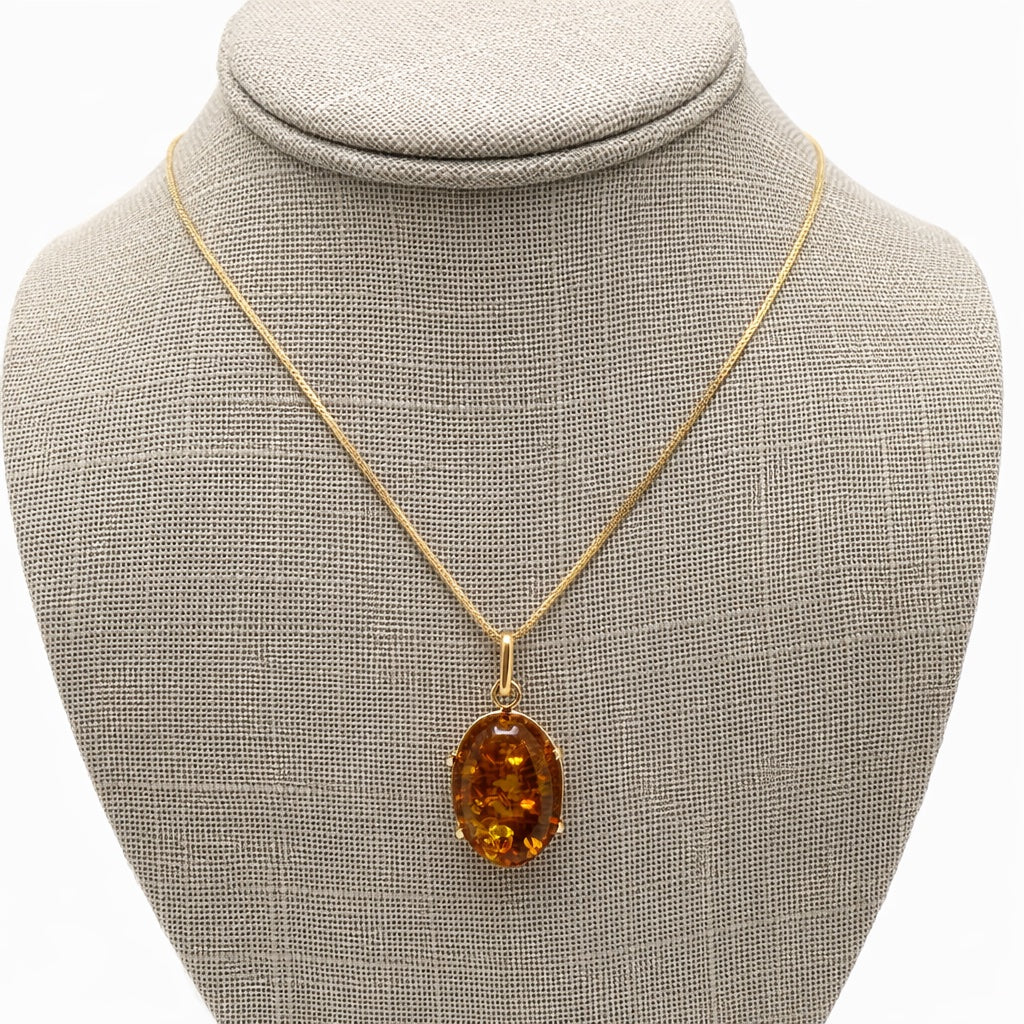 Genuine Baltic Amber & 14K Gold Pendant Set with Matching Drop Earrings | Handmade in Poland | Cognac Amber Jewelry Set