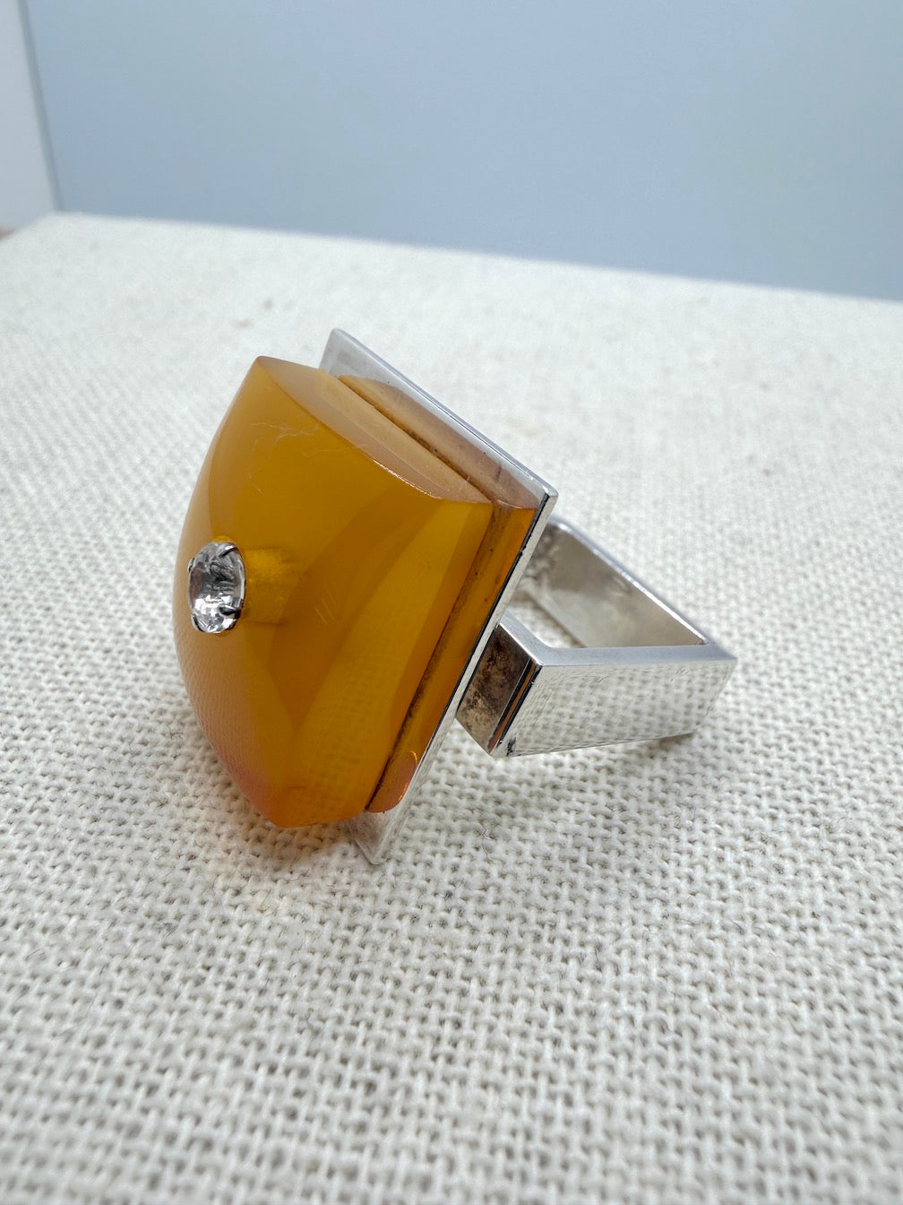 Ambermoda Designer Sterling Silver & Genuine Baltic Amber Ring with Butterscotch Rectangle and Cubic Zirconia
