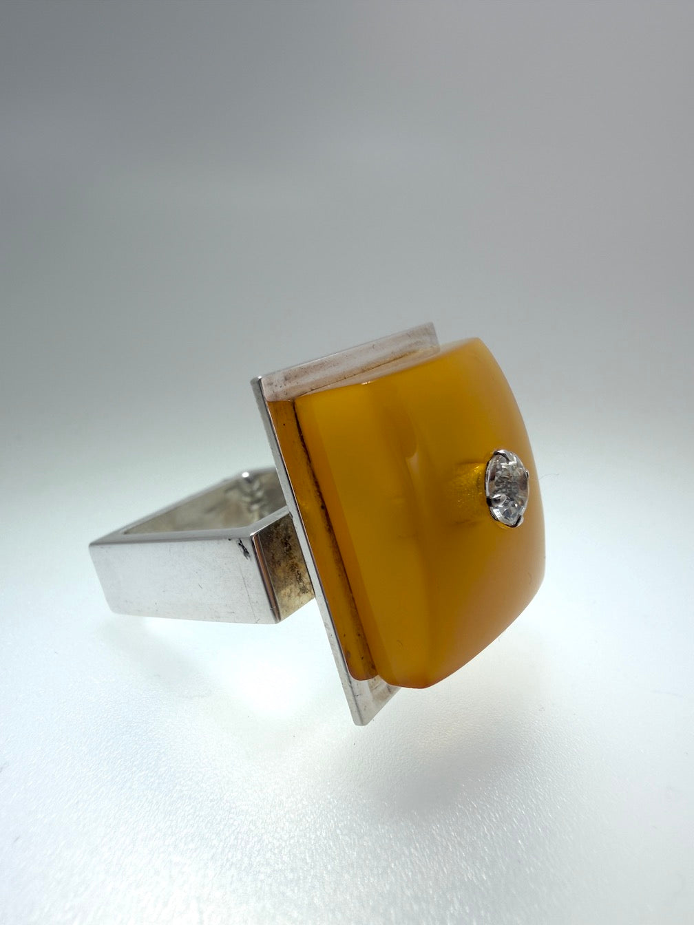 Ambermoda Designer Sterling Silver & Genuine Baltic Amber Ring with Butterscotch Rectangle and Cubic Zirconia