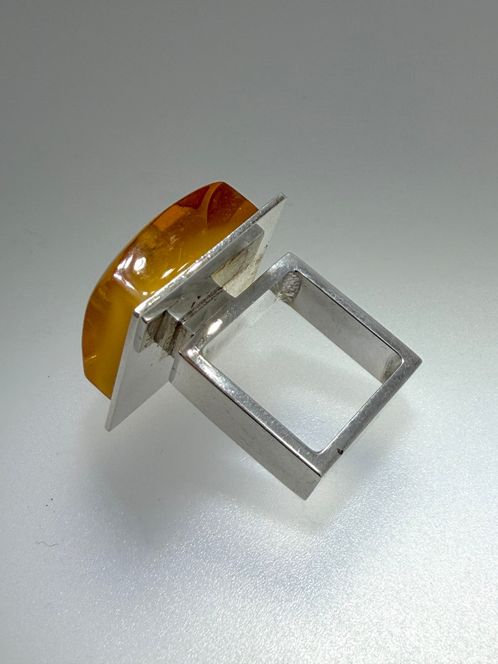 Ambermoda Designer Sterling Silver & Genuine Baltic Amber Ring with Butterscotch Rectangle and Cubic Zirconia