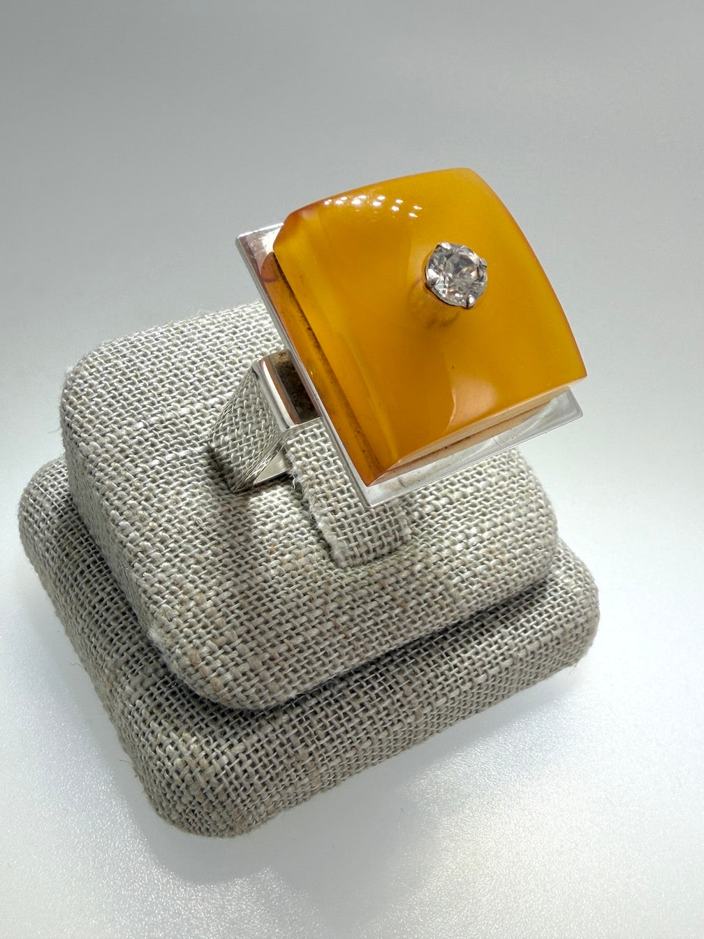 Ambermoda Designer Sterling Silver & Genuine Baltic Amber Ring with Butterscotch Rectangle and Cubic Zirconia