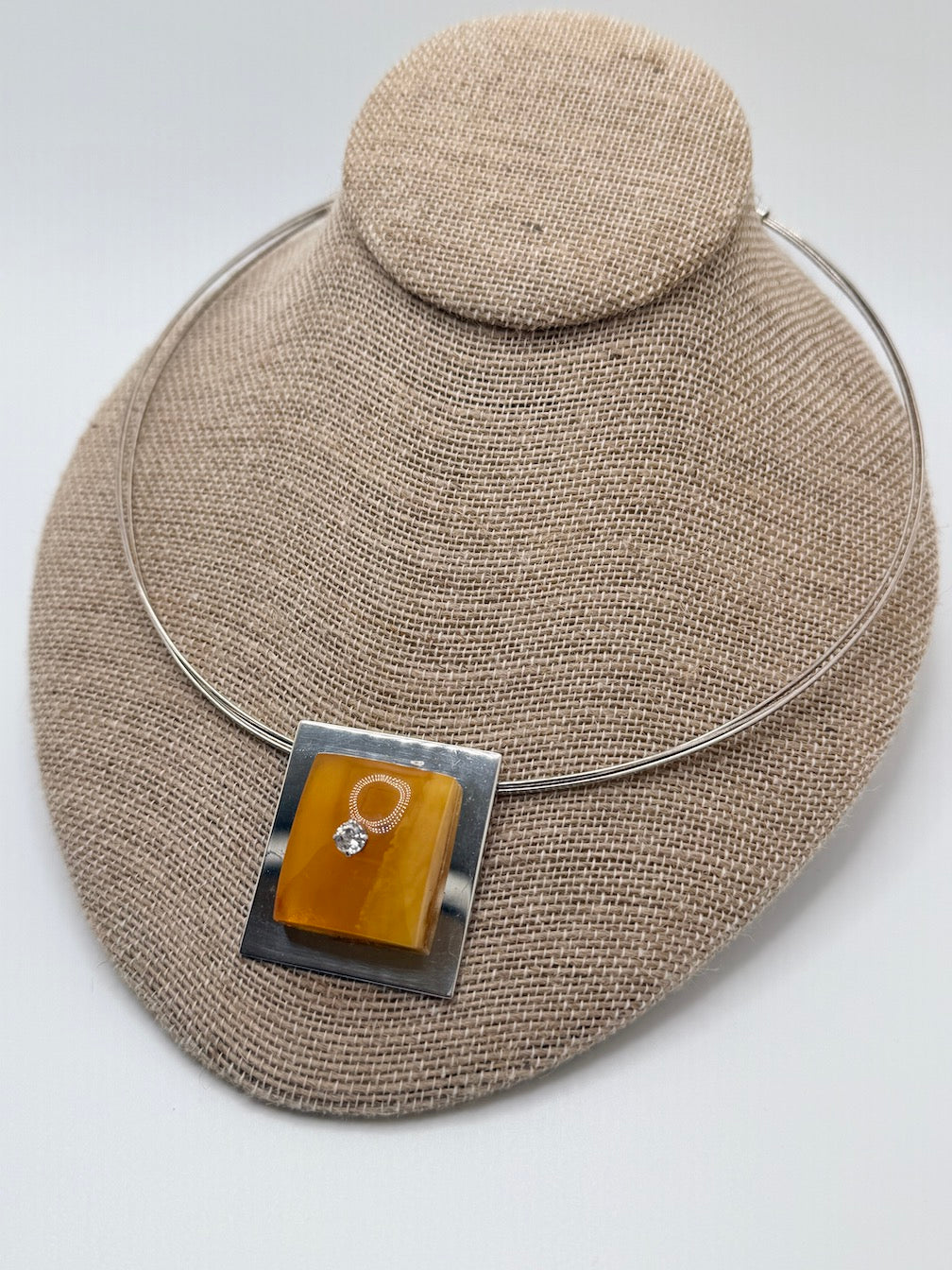 Ambermoda Designer Sterling Silver & Genuine Baltic Butterscotch Amber Rectangle Necklace with Cubic Zirconia Highlight