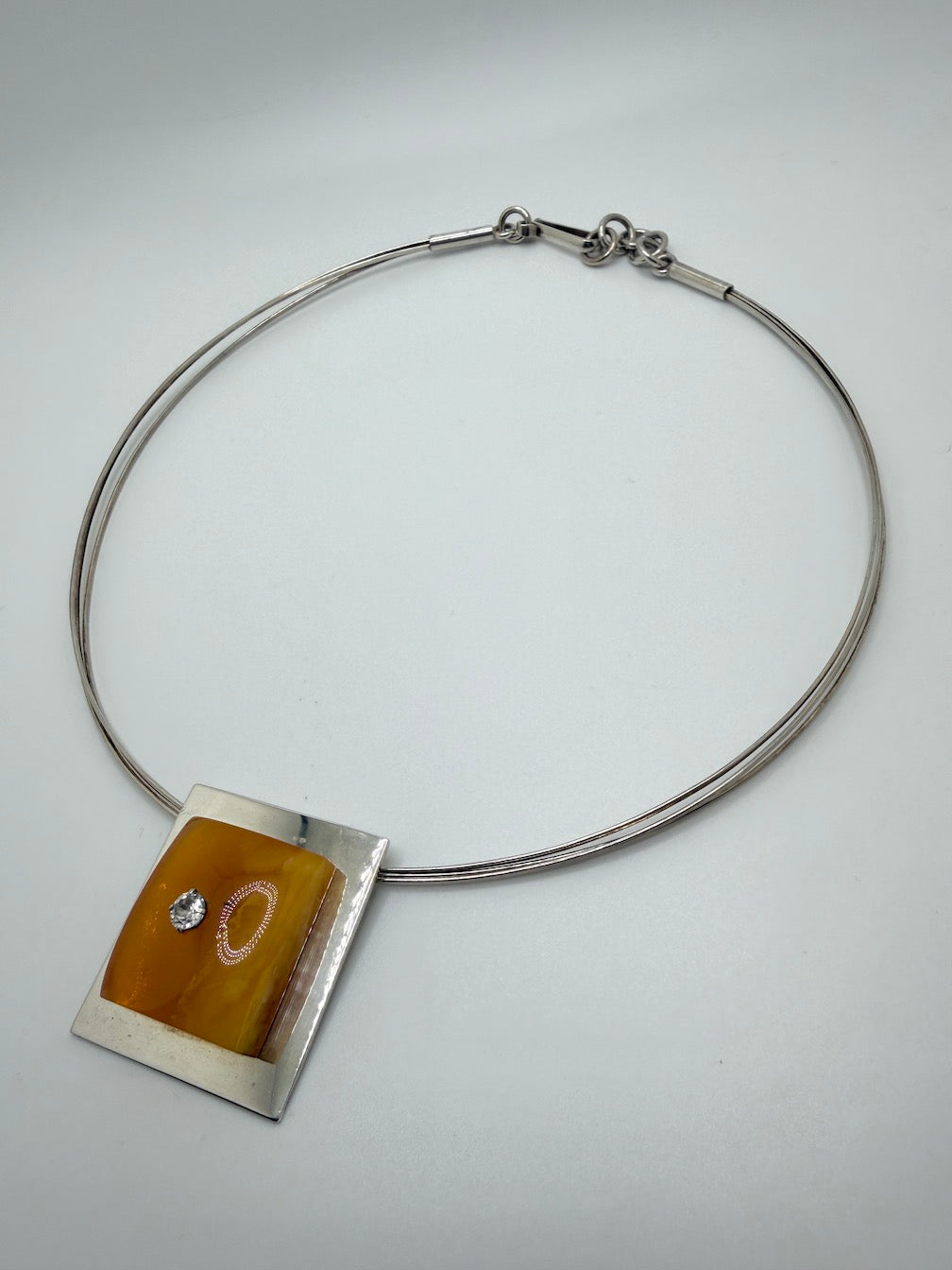 Ambermoda Designer Sterling Silver & Genuine Baltic Butterscotch Amber Rectangle Necklace with Cubic Zirconia Highlight