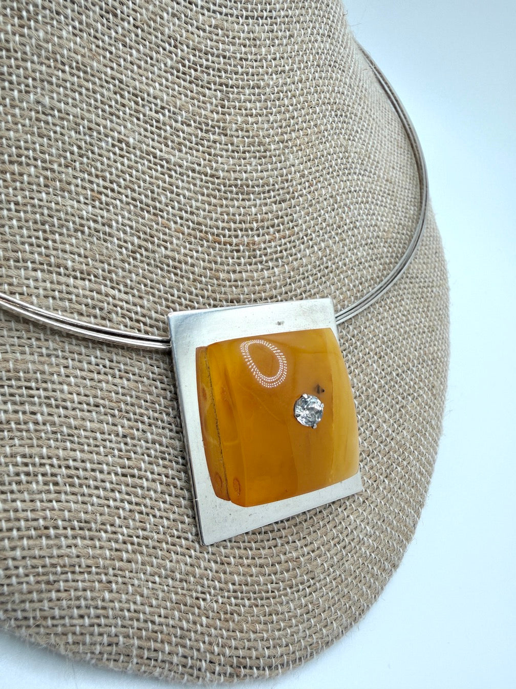 Ambermoda Designer Sterling Silver & Genuine Baltic Butterscotch Amber Rectangle Necklace with Cubic Zirconia Highlight